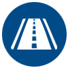 Blue road sign with a white depiction of a straight highway stretching into the distance.