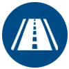Blue road sign with a white depiction of a straight highway stretching into the distance.
