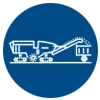White silhouette of industrial machinery on a blue background, featuring a tracked vehicle with a conveyor system connected to a container.