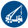 White industrial crane icon on a blue background.