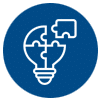 White outline of a lightbulb incorporating puzzle pieces on a blue background.