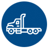 White tow truck icon on a blue background.