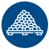 Icon of a pile of rocks on a pallet against a blue background.