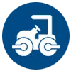 White tractor icon on a blue background.