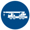 Icon of a white truck-mounted crane on a blue background.