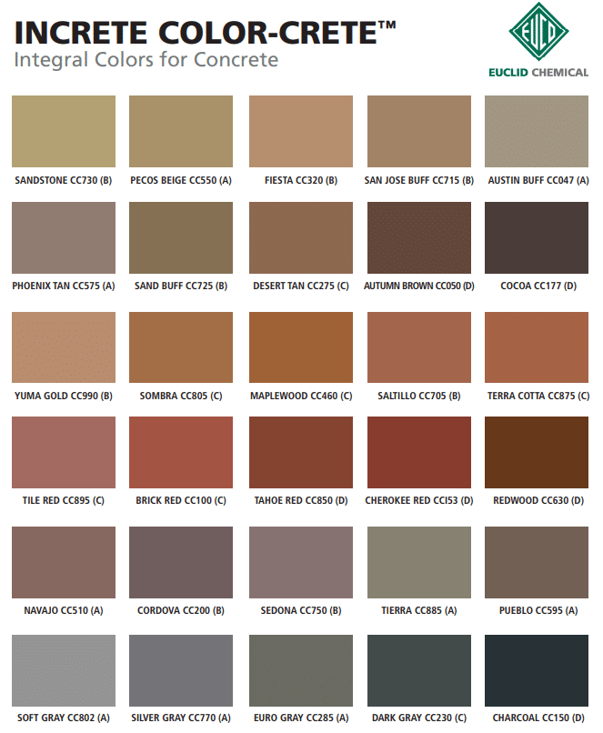A color chart displaying various concrete color options with names and codes, such as Sandstone, San Jose Buff, and Charcoal.