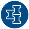 A white, symmetrical geometric icon resembling interlocking shapes on a blue square background.