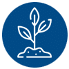 Icon of a plant sprouting with three leaves on a blue background, depicted in white lines.