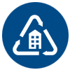 White recycling symbol with arrows forming a circle around a house icon, on a blue background.