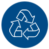 White recycling symbol with three arrows forming a triangle on a blue background.