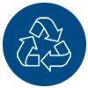 White recycling symbol with three arrows forming a triangle on a blue background.