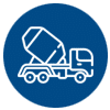 Icon of a cement mixer truck on a blue background.