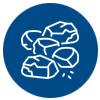 White line drawing of several broken rocks or stones on a blue background.