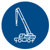 Icon of a mobile crane with an extended arm on a blue background.