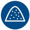 Blue icon with a white triangular shape depicting a pile of granular material, possibly salt, with small white dots on top representing grains.