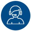 Icon of a person wearing a headset, depicted in white on a blue background.