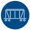 Icon of a freight train wagon on a blue background, featuring line art of a railcar with vertical bars and wheels.