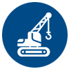 Icon depicting a white construction crane on a blue background.
